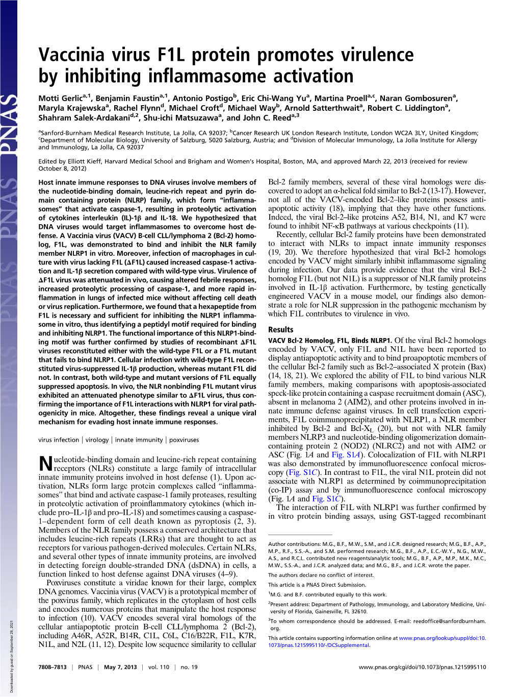 Vaccinia Virus F1L Protein Promotes Virulence by Inhibiting Inﬂammasome Activation