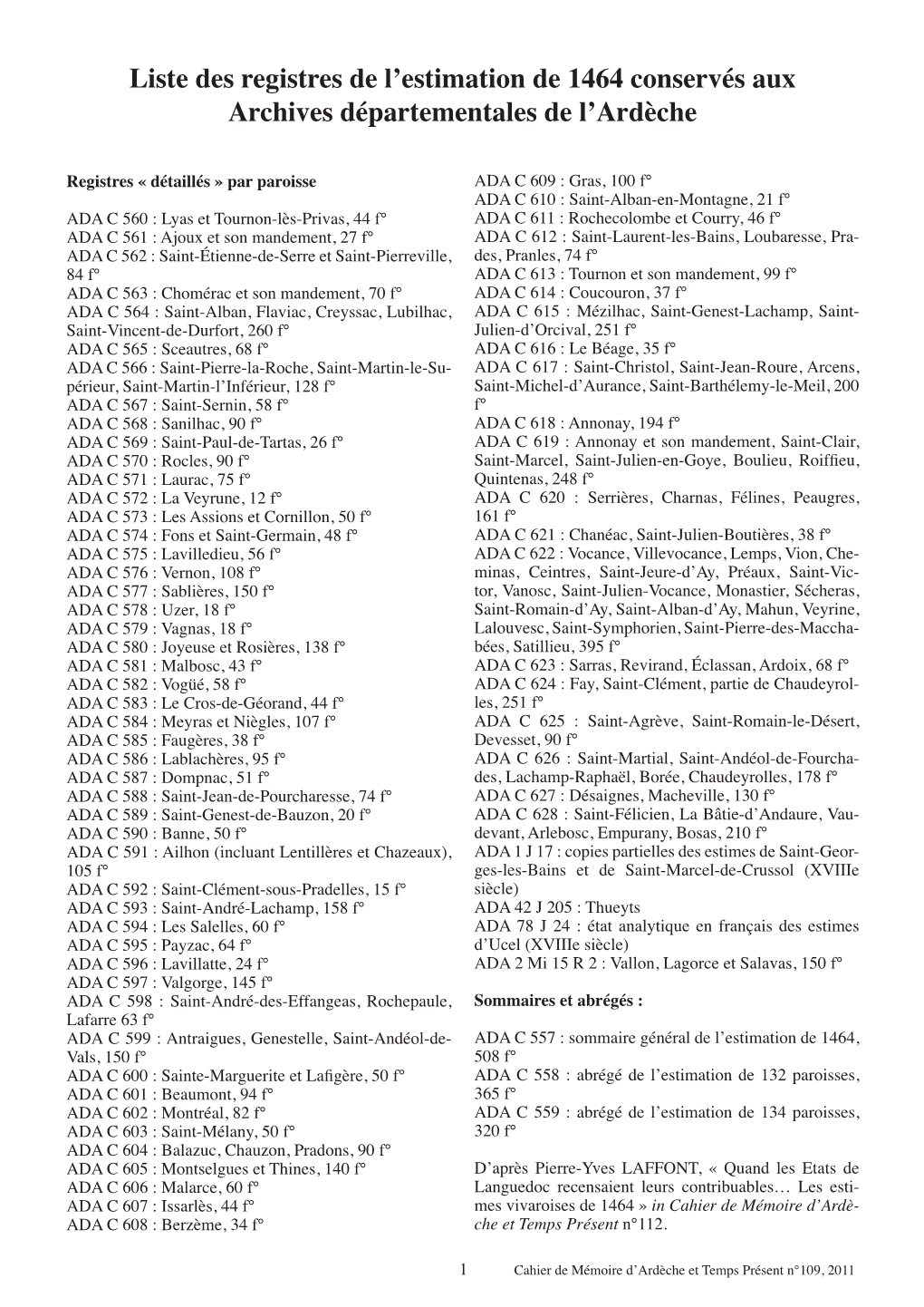 Liste Des Registres De L'estimation De 1464 Conservés Aux Archives