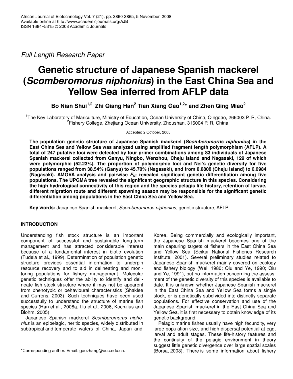 Genetic Structure of Japanese Spanish Mackerel (Scomberomorus Niphonius) in the East China Sea and Yellow Sea Inferred from AFLP Data