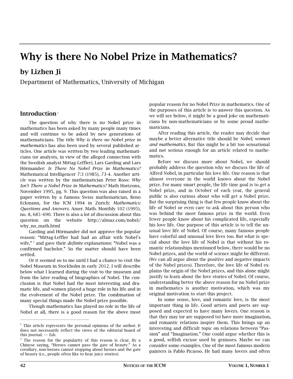 Why Is There No Nobel Prize in Mathematics? by Lizhen Ji Department of Mathematics, University of Michigan