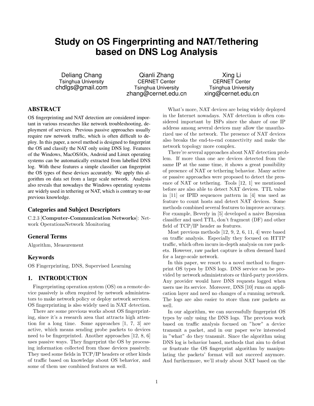Study on OS Fingerprinting and NAT/Tethering Based on DNS Log Analysis