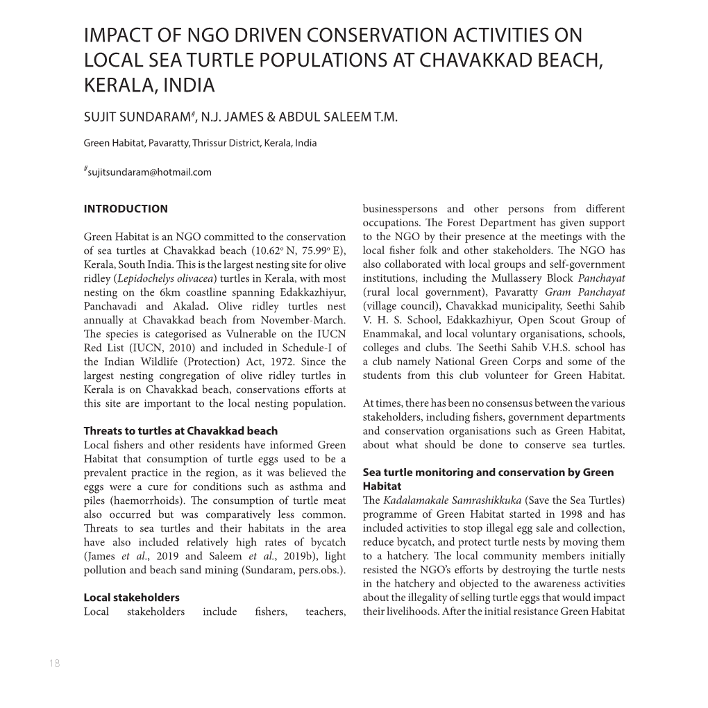 Impact of Ngo Driven Conservation Activities on Local Sea Turtle Populations at Chavakkad Beach, Kerala, India Sujit Sundaram#, N.J