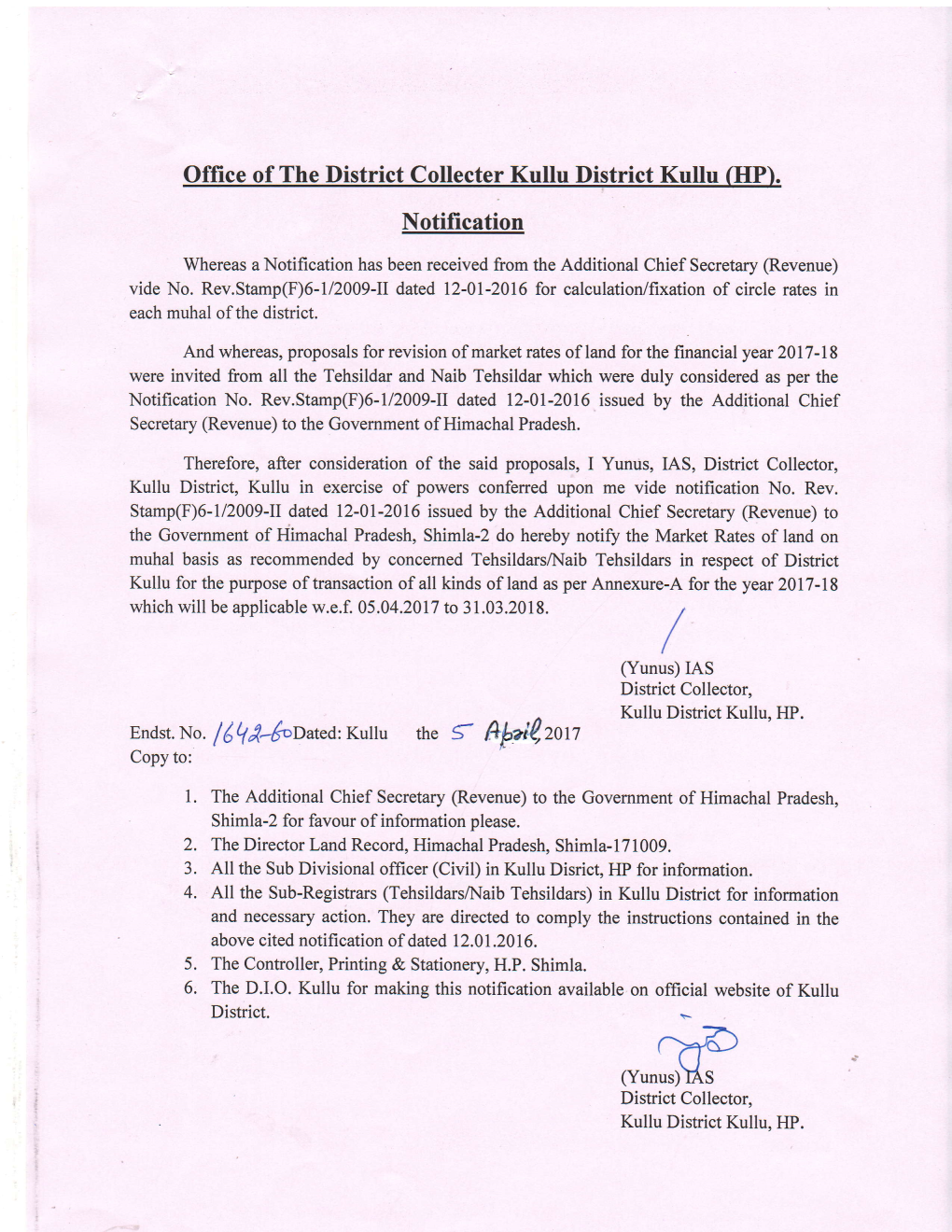 Office of the District Collecter Kullu District Kullu (HP). Notification