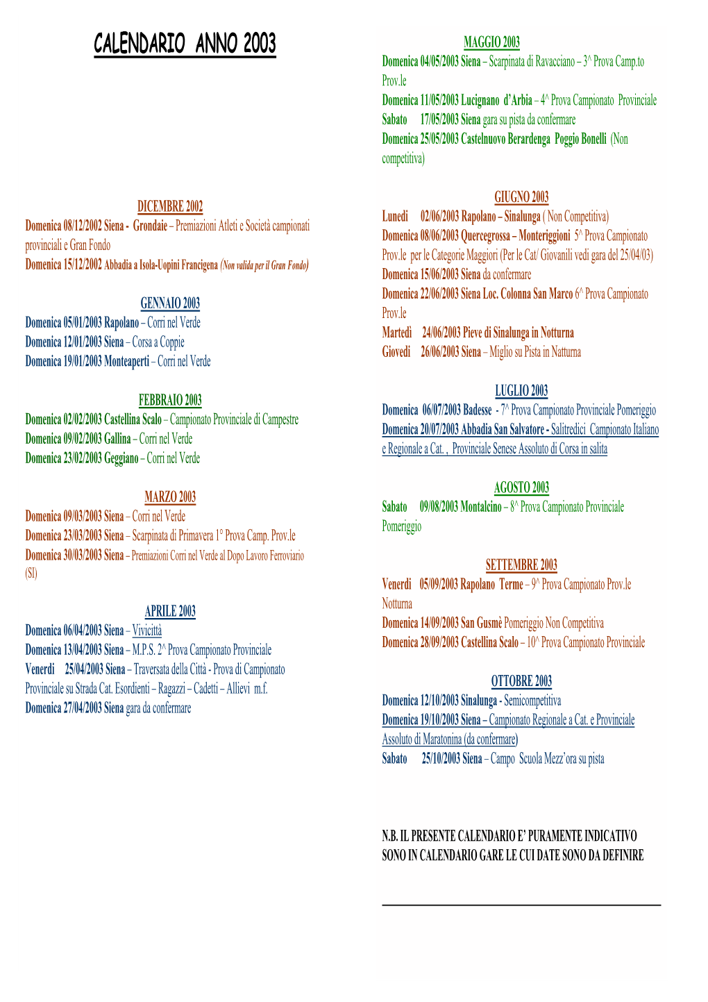 CALENDARIO ANNO 2003 MAGGIO 2003 Domenica 04/05/2003 Siena – Scarpinata Di Ravacciano – 3^ Prova Camp.To