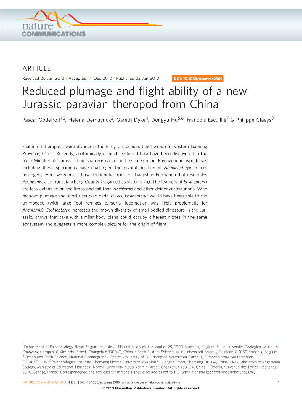 Reduced Plumage and Flight Ability of a New Jurassic Paravian Theropod