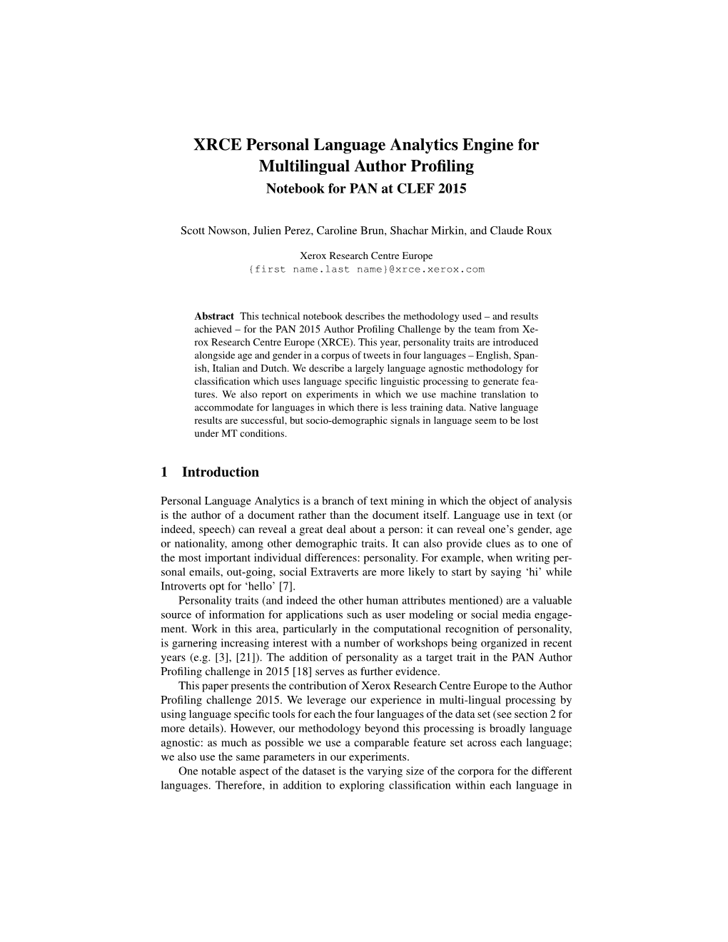 XRCE Personal Language Analytics Engine for Multilingual Author Proﬁling Notebook for PAN at CLEF 2015