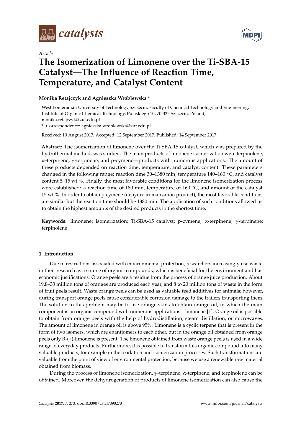 The Isomerization of Limonene Over the Ti-SBA-15 Catalyst—The Inﬂuence of Reaction Time, Temperature, and Catalyst Content