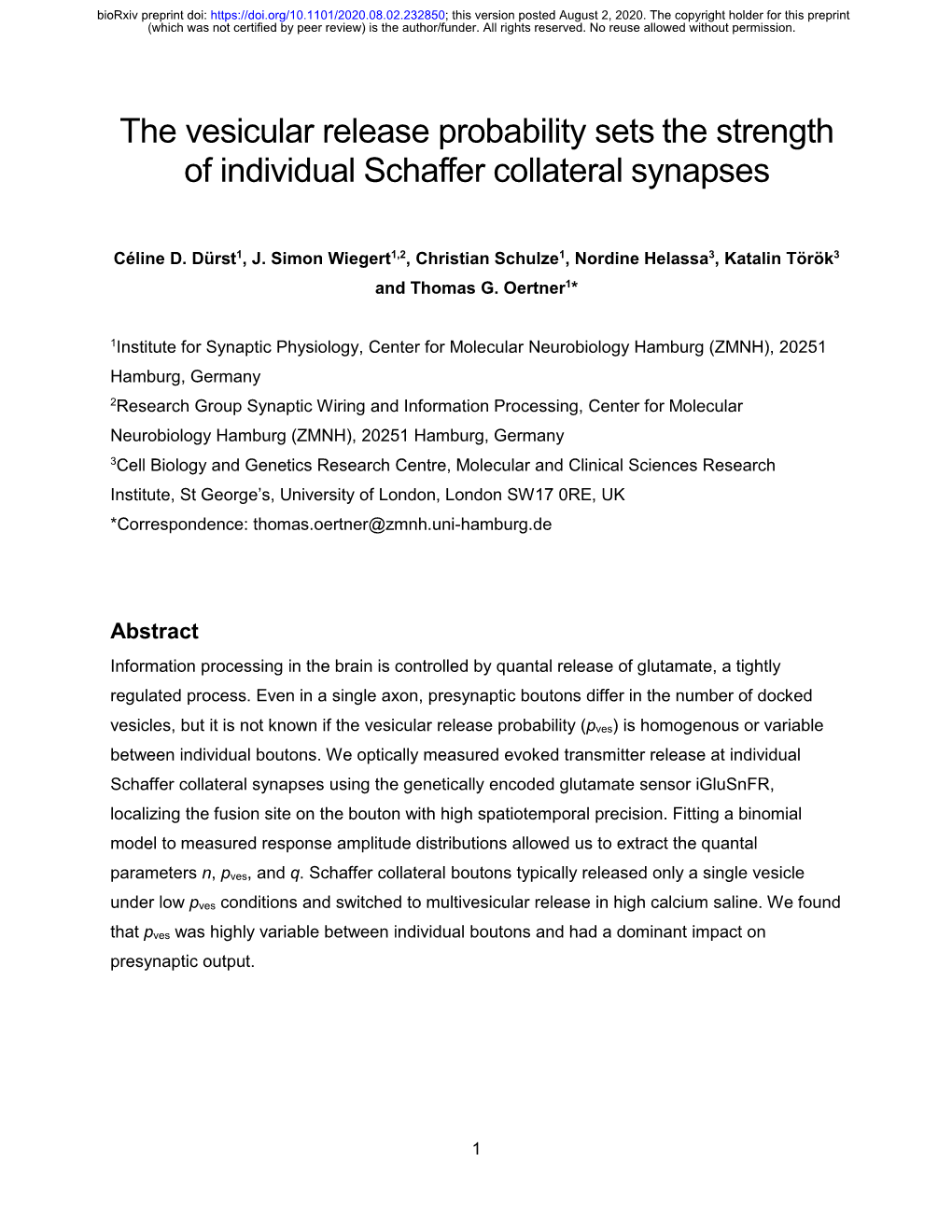 The Vesicular Release Probability Sets the Strength of Individual Schaffer Collateral Synapses