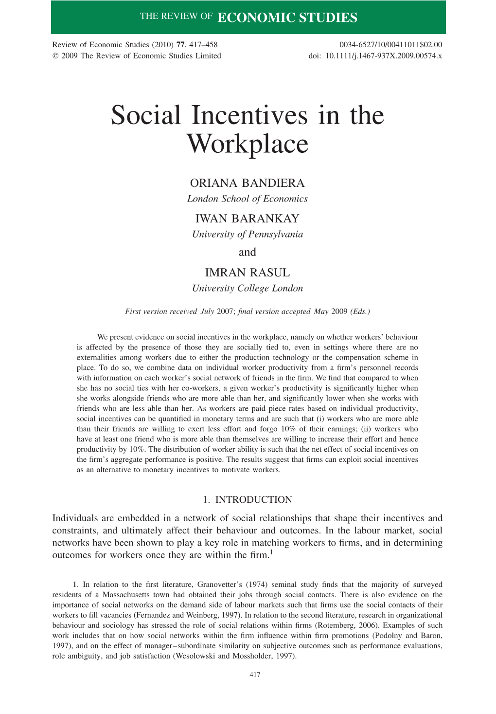 Social Incentives in the Workplace