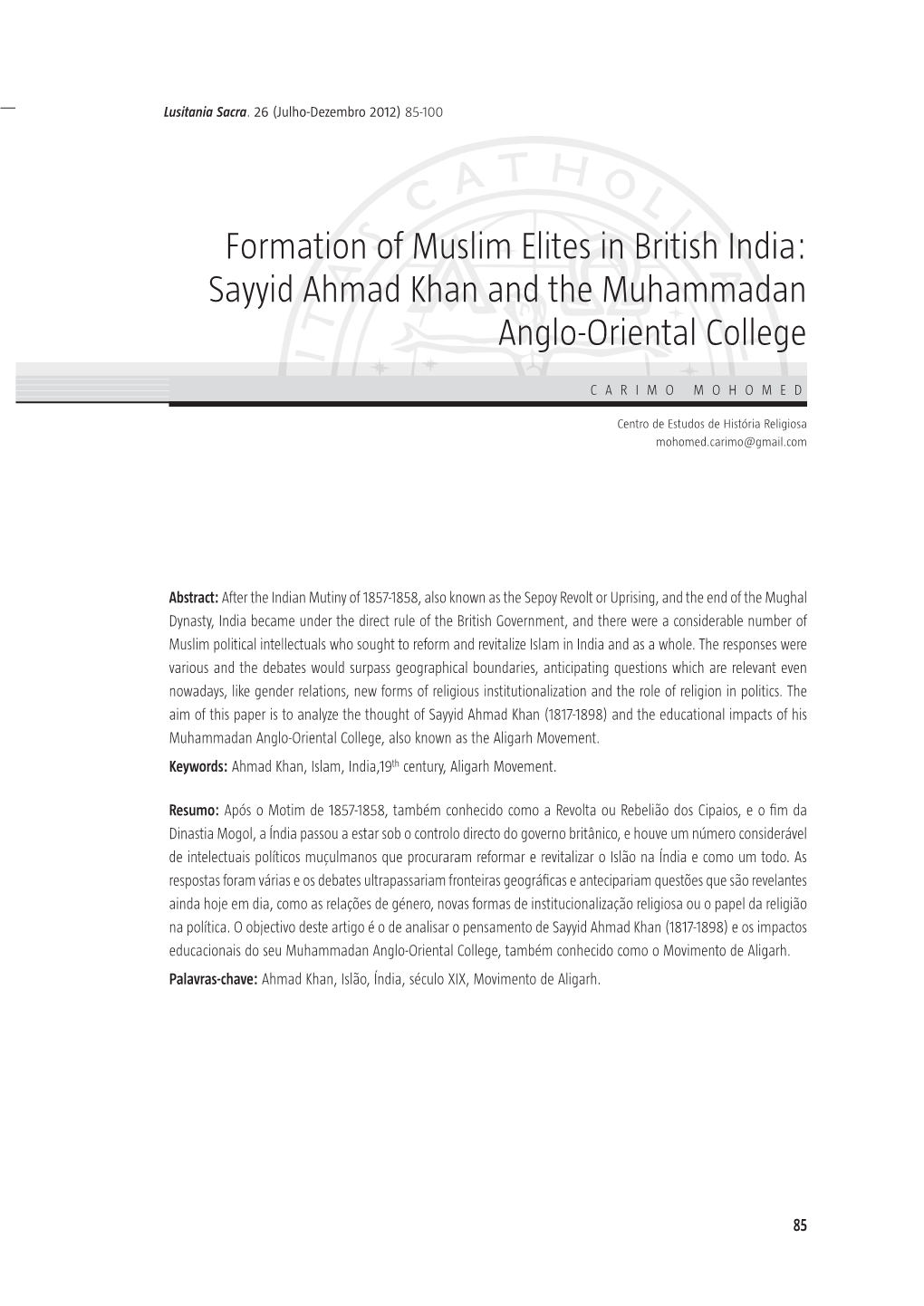 Formation of Muslim Elites in British India: Sayyid Ahmad Khan and the Muhammadan Anglo ‑Oriental College