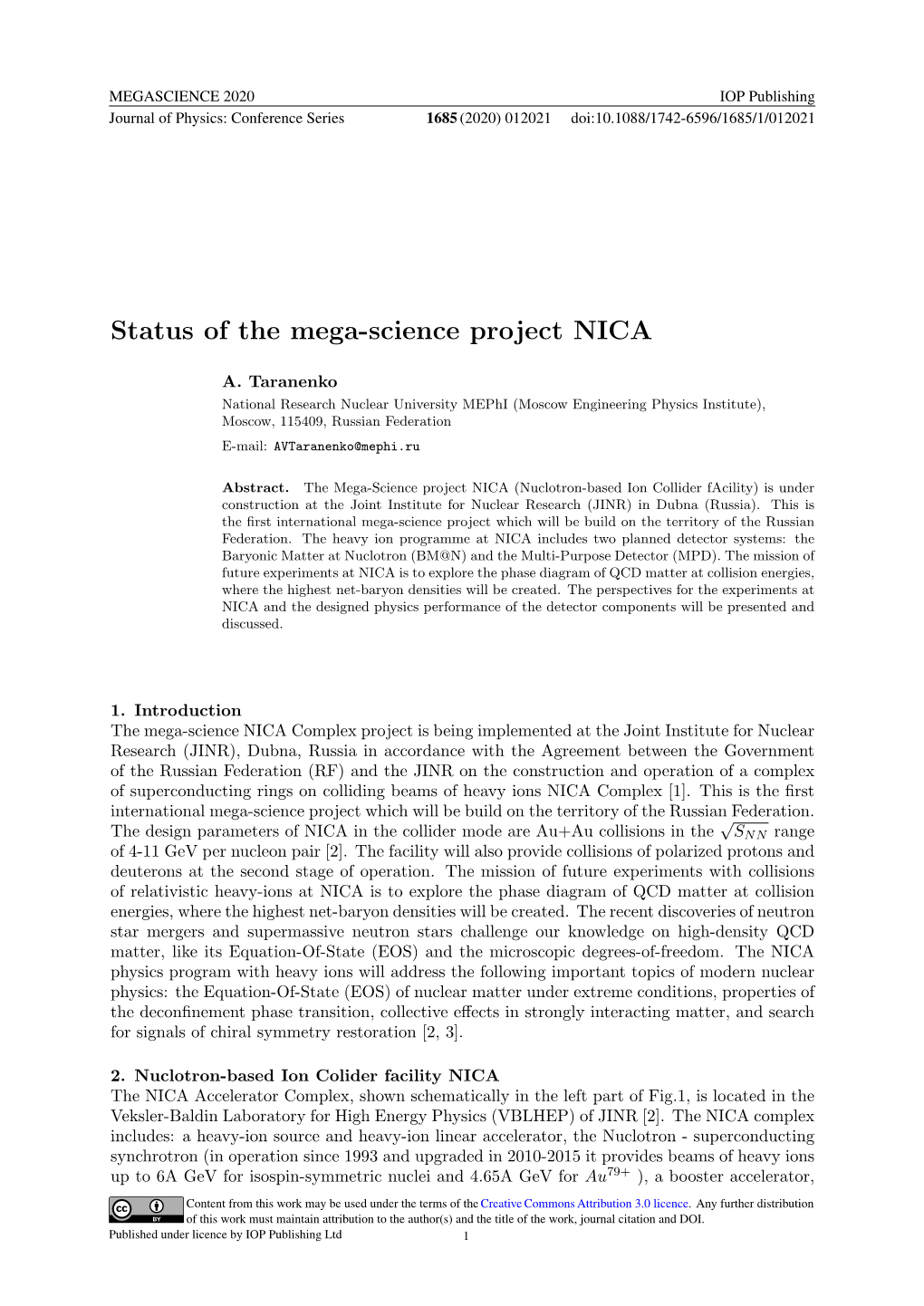 Status of the Mega-Science Project NICA