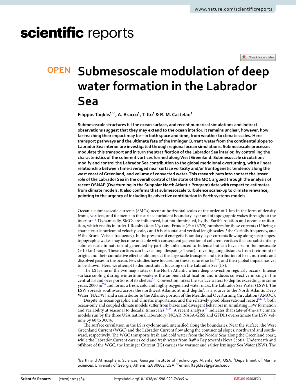 Submesoscale Modulation of Deep Water Formation in the Labrador Sea Filippos Tagklis1*, A