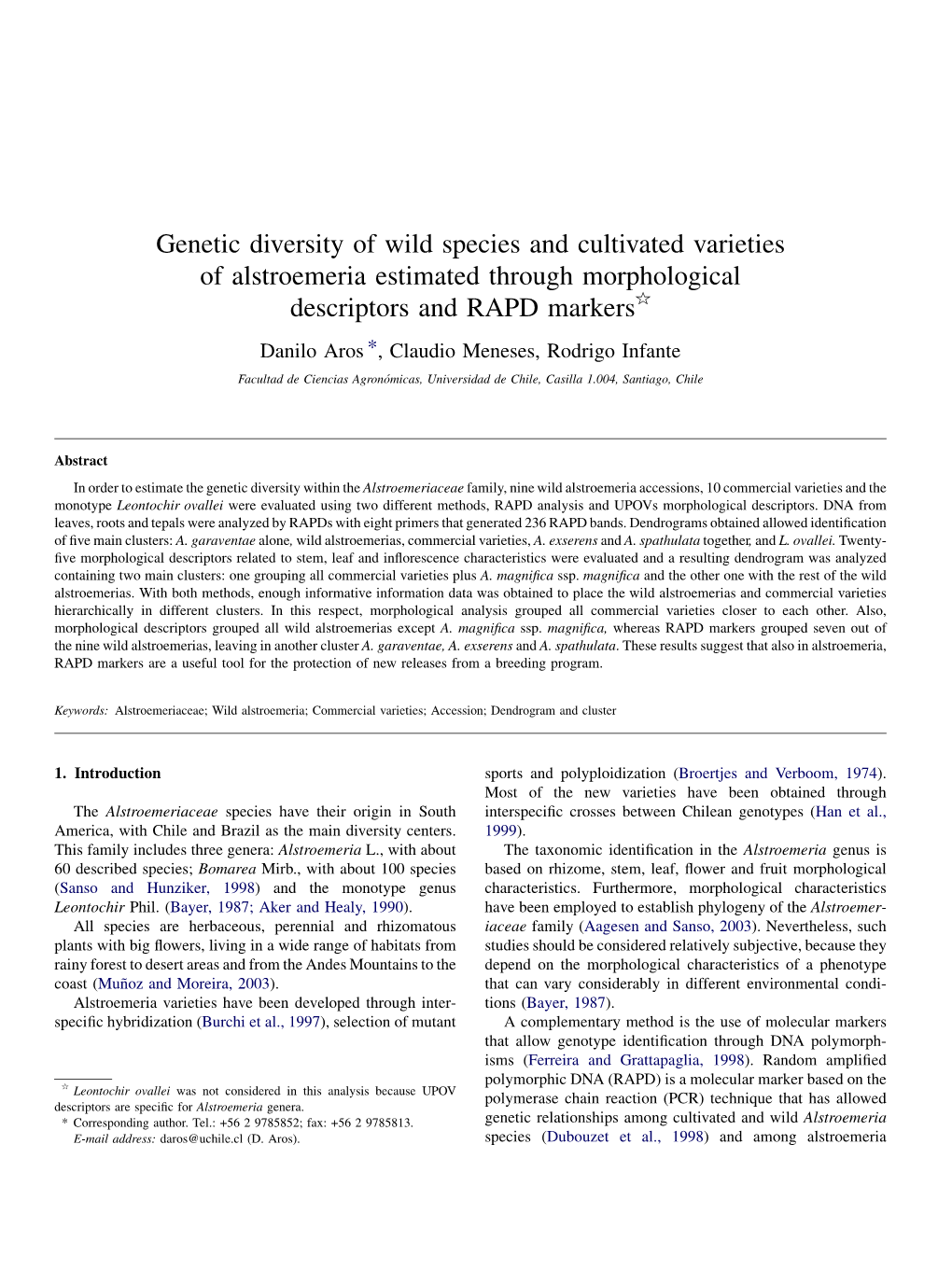 Genetic Diversity of Wild Species and Cultivated Varieties of Alstroemeria Estimated Through Morphological Descriptors and RAPD