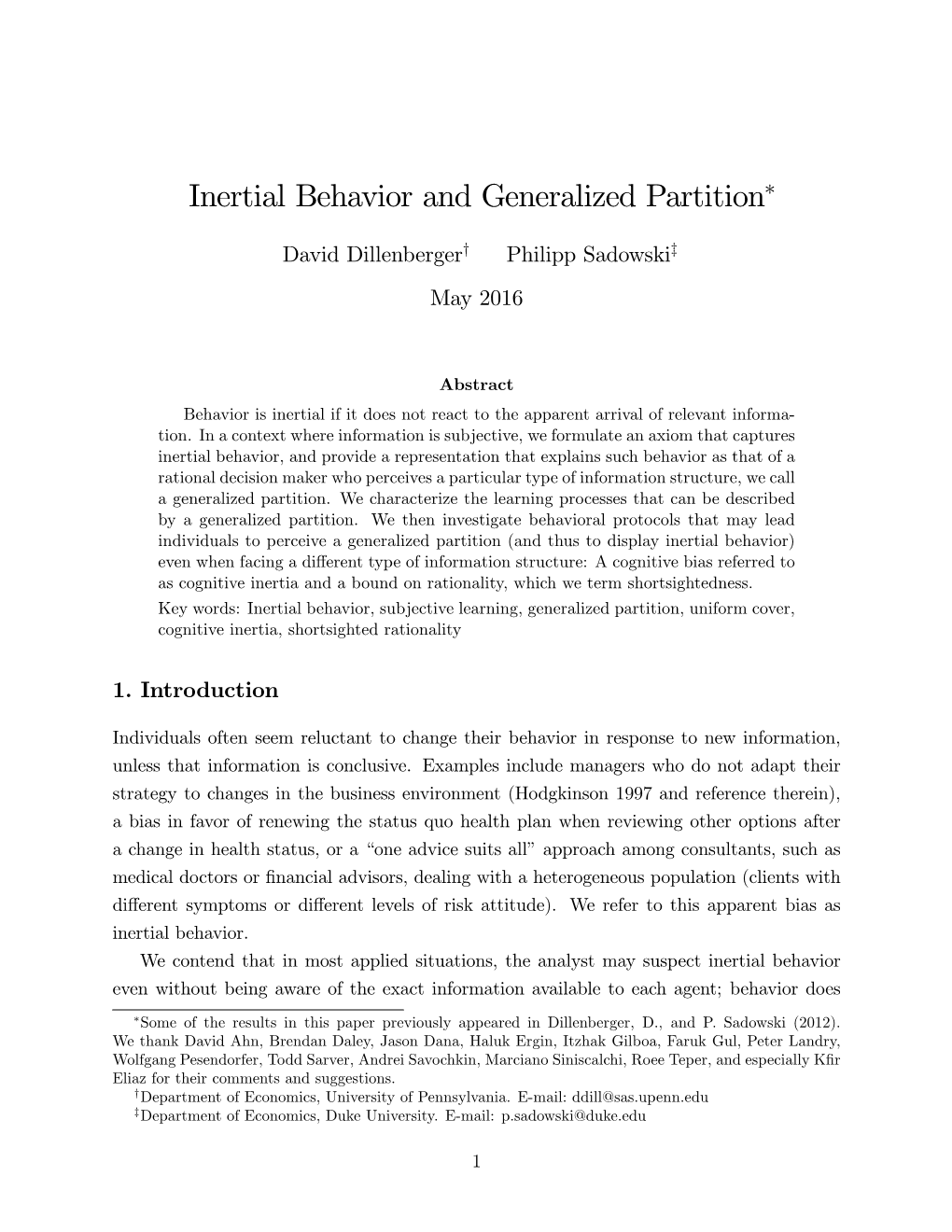 Inertial Behavior and Generalized Partition"