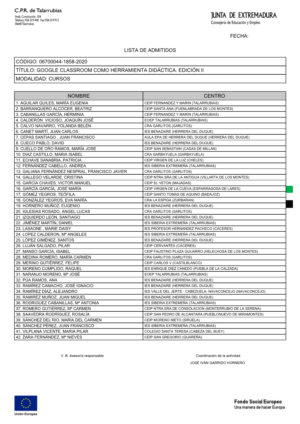 Lista De Admitidos Código: 06700044-1858-2020 Título