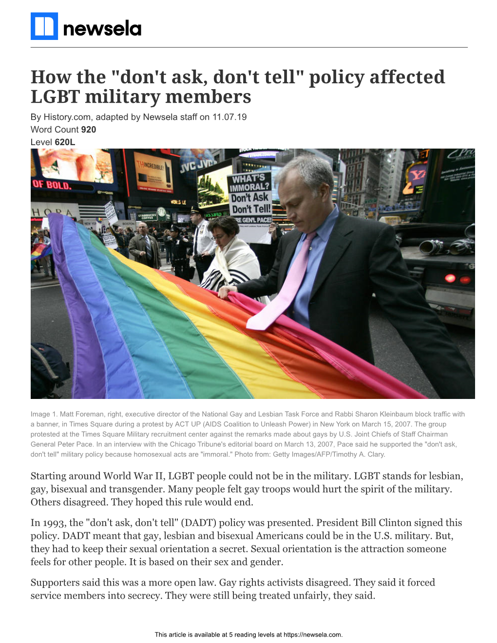 Policy Affected LGBT Military Members by History.Com, Adapted by Newsela Staff on 11.07.19 Word Count 920 Level 620L