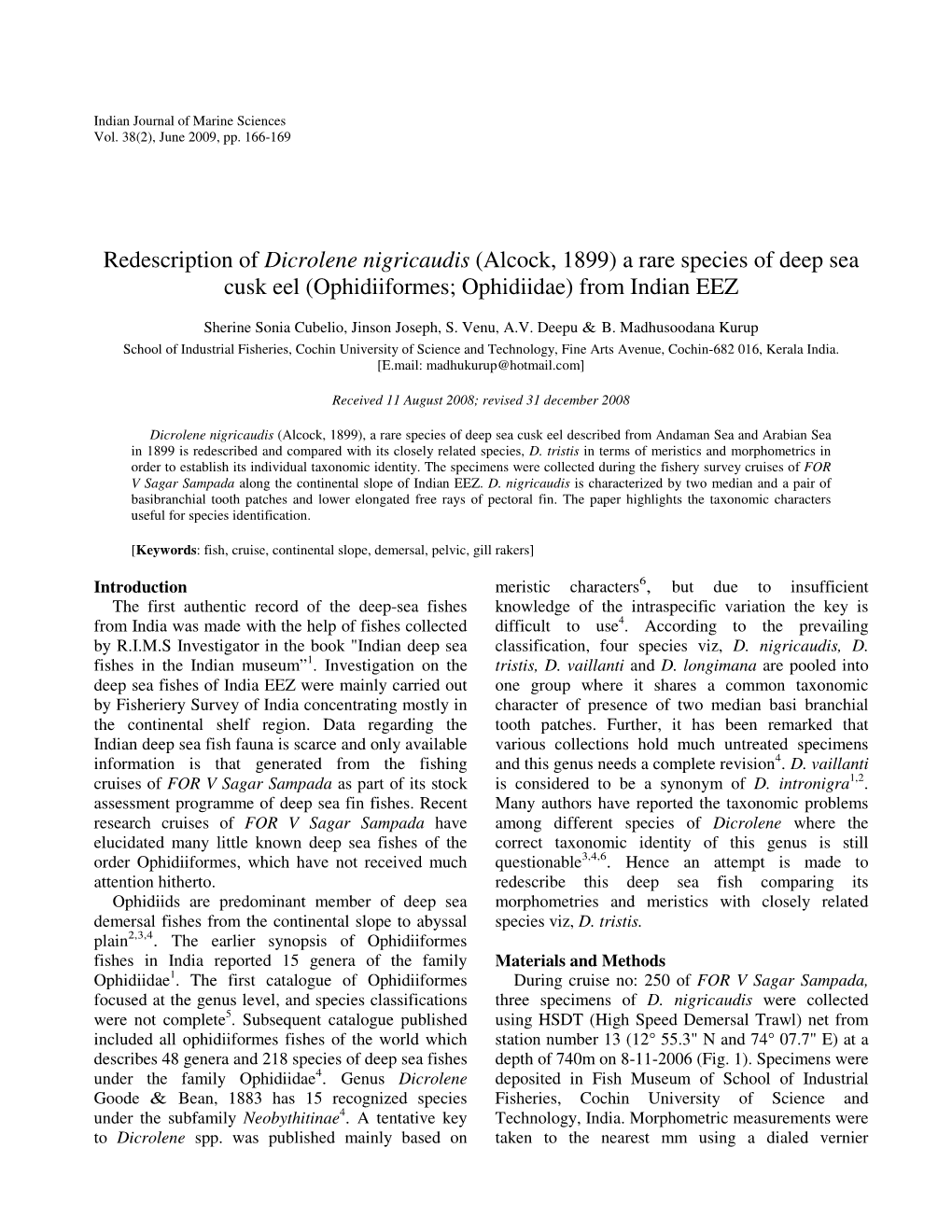 A Rare Species of Deep Sea Cusk Eel (Ophidiiformes; Ophidiidae) from Indian EEZ