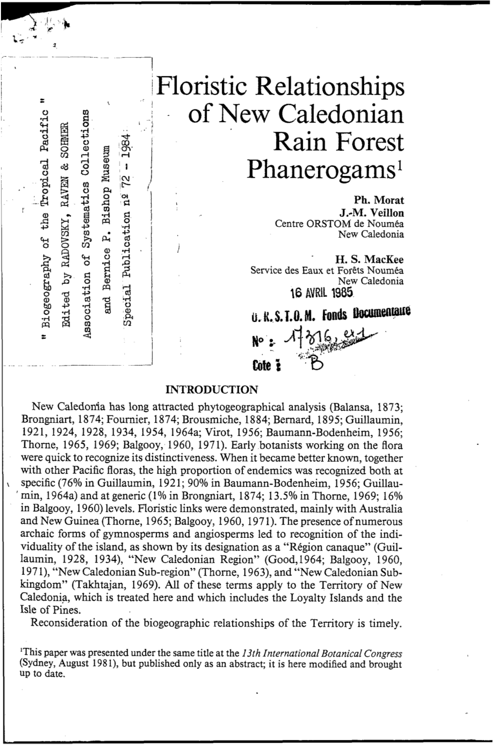 Floristic Relationships of New Caledonian Rain Forest Phanerogams