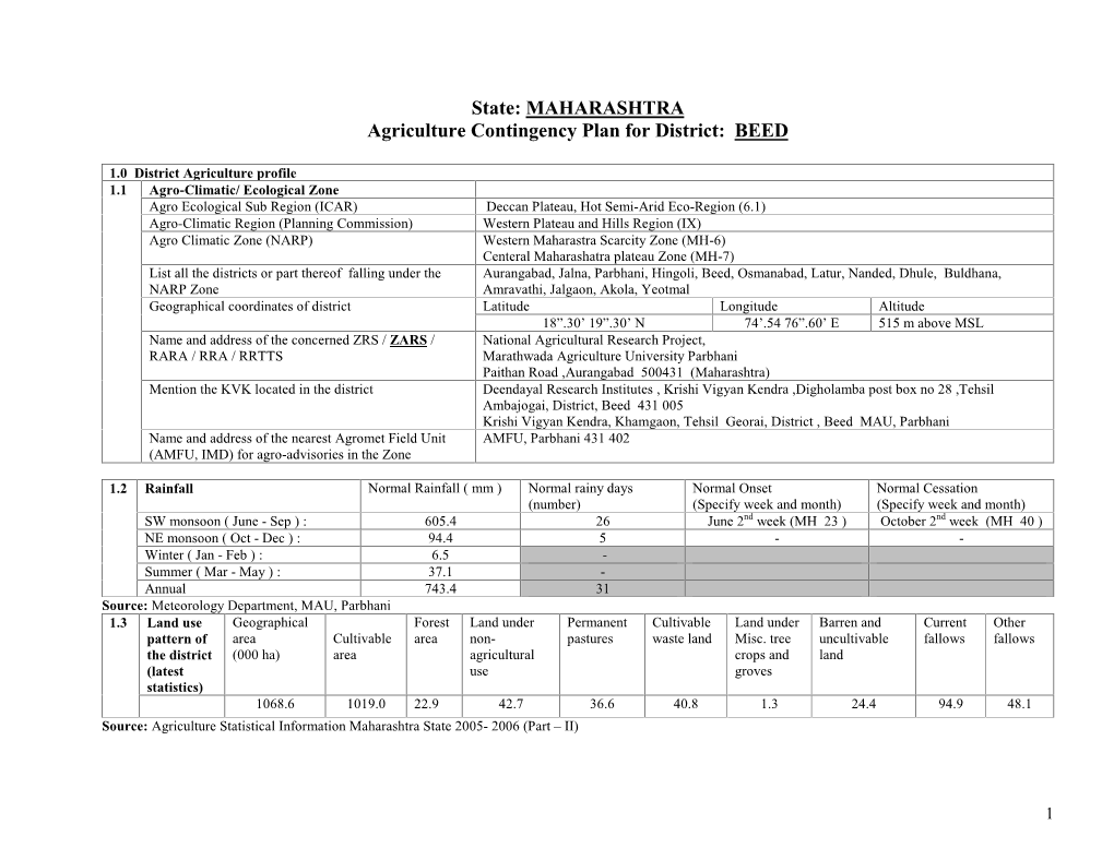 MAHARASHTRA Agriculture Contingency Plan for District: BEED