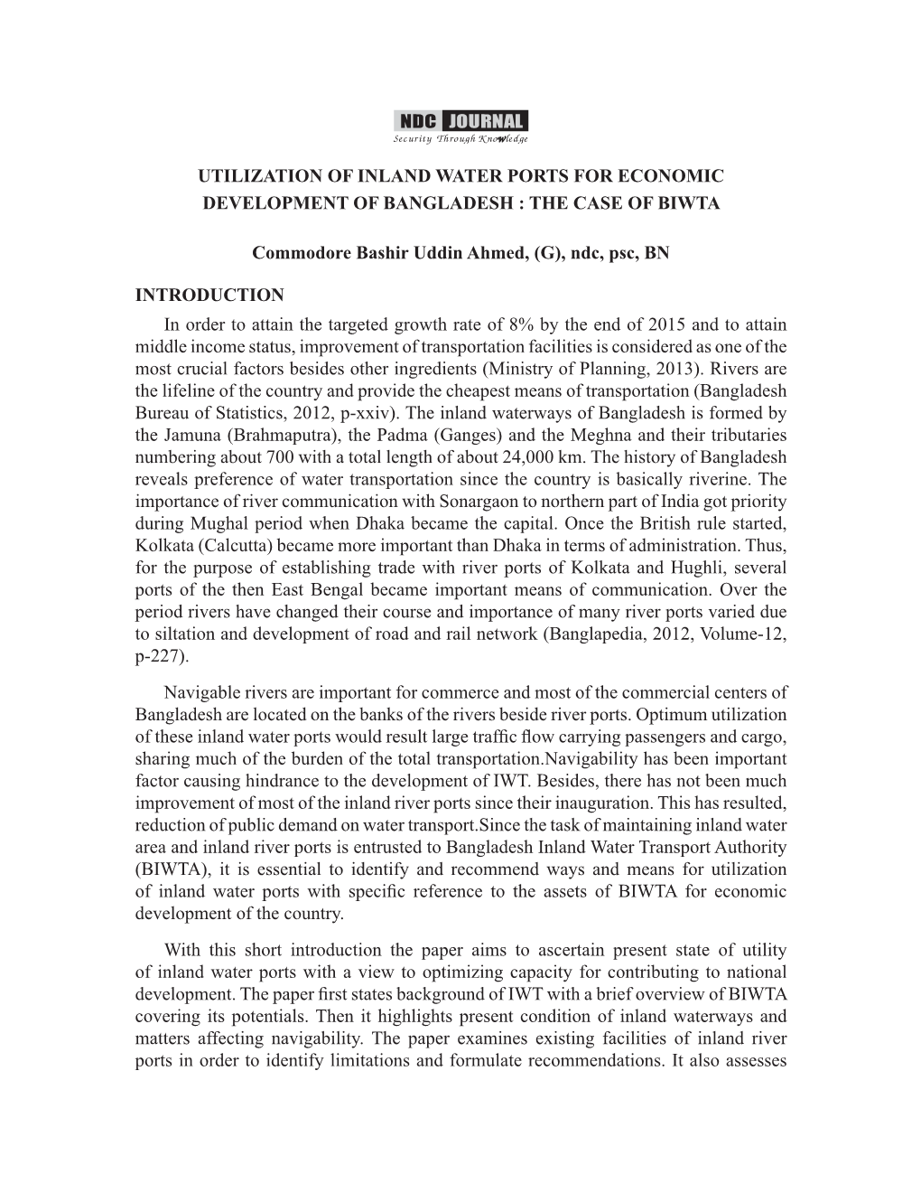 Utilization of Inland Water Ports for Economic Development of Bangladesh : the Case of Biwta