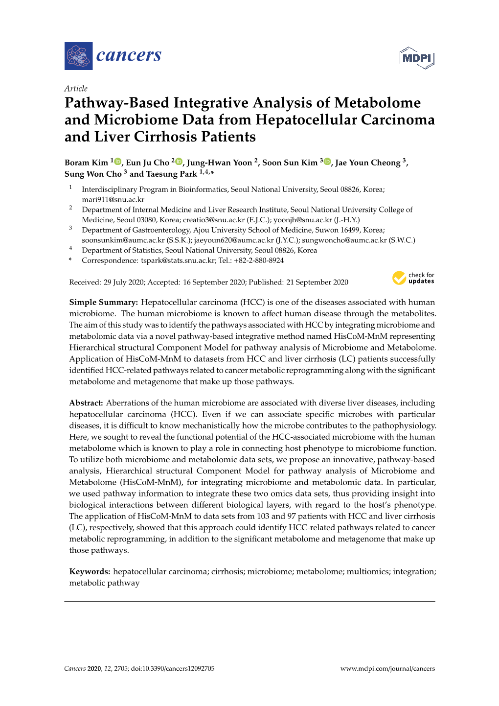 Pathway-Based Integrative Analysis of Metabolome and Microbiome Data from Hepatocellular Carcinoma and Liver Cirrhosis Patients