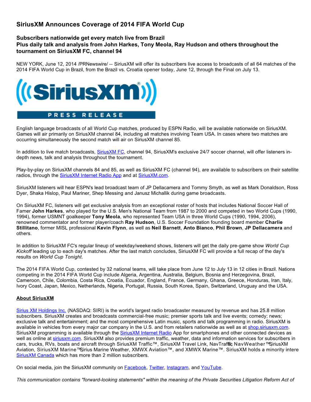 Siriusxm Announces Coverage of 2014 FIFA World Cup