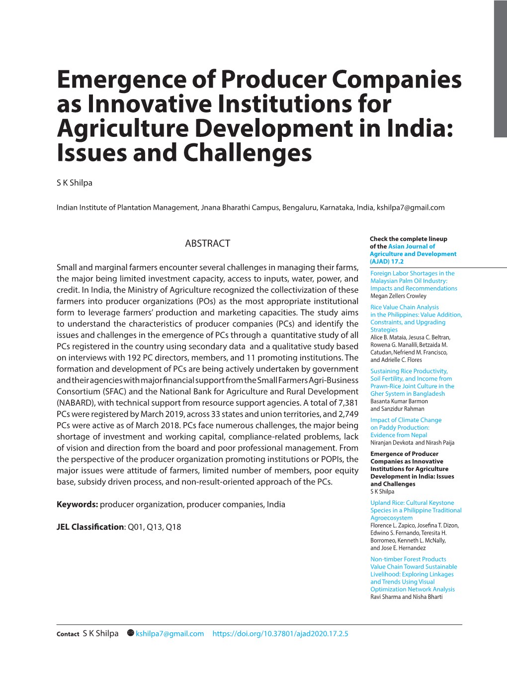 Emergence of Producer Companies As Innovative Institutions for Agriculture Development in India: Issues and Challenges