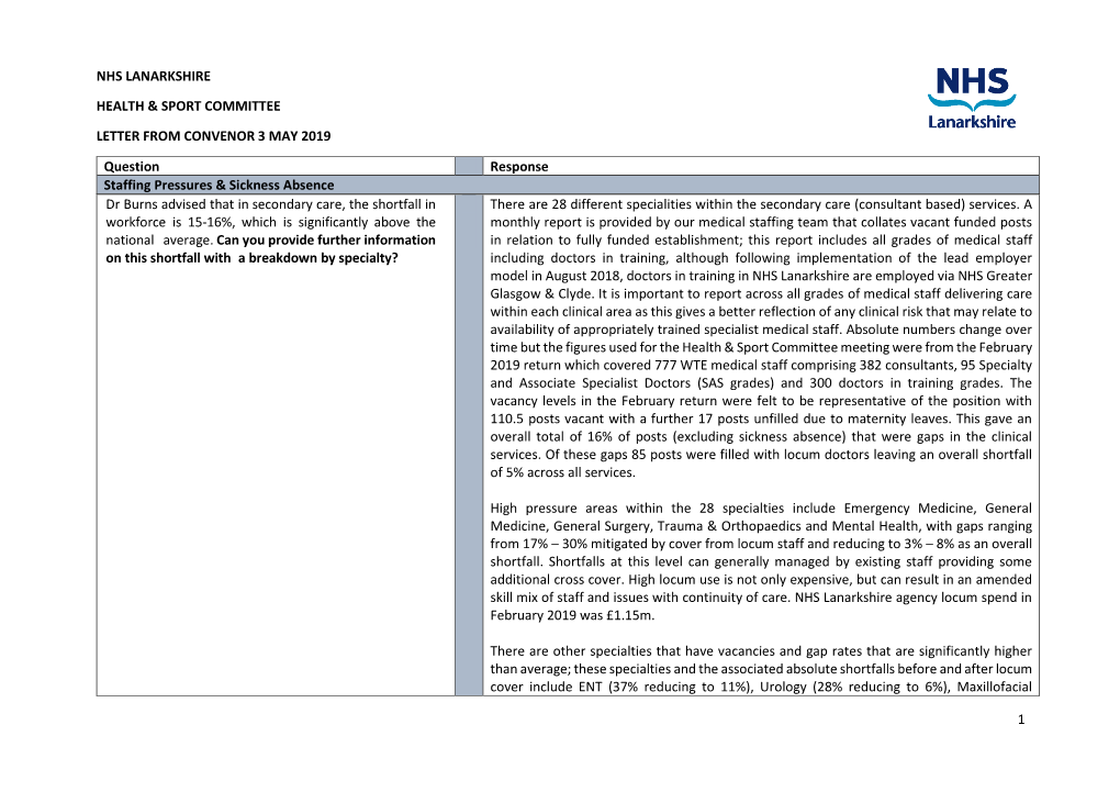 1 NHS LANARKSHIRE HEALTH & SPORT COMMITTEE LETTER from CONVENOR 3 MAY 2019 Question Response Staffing Pressures & Sickne