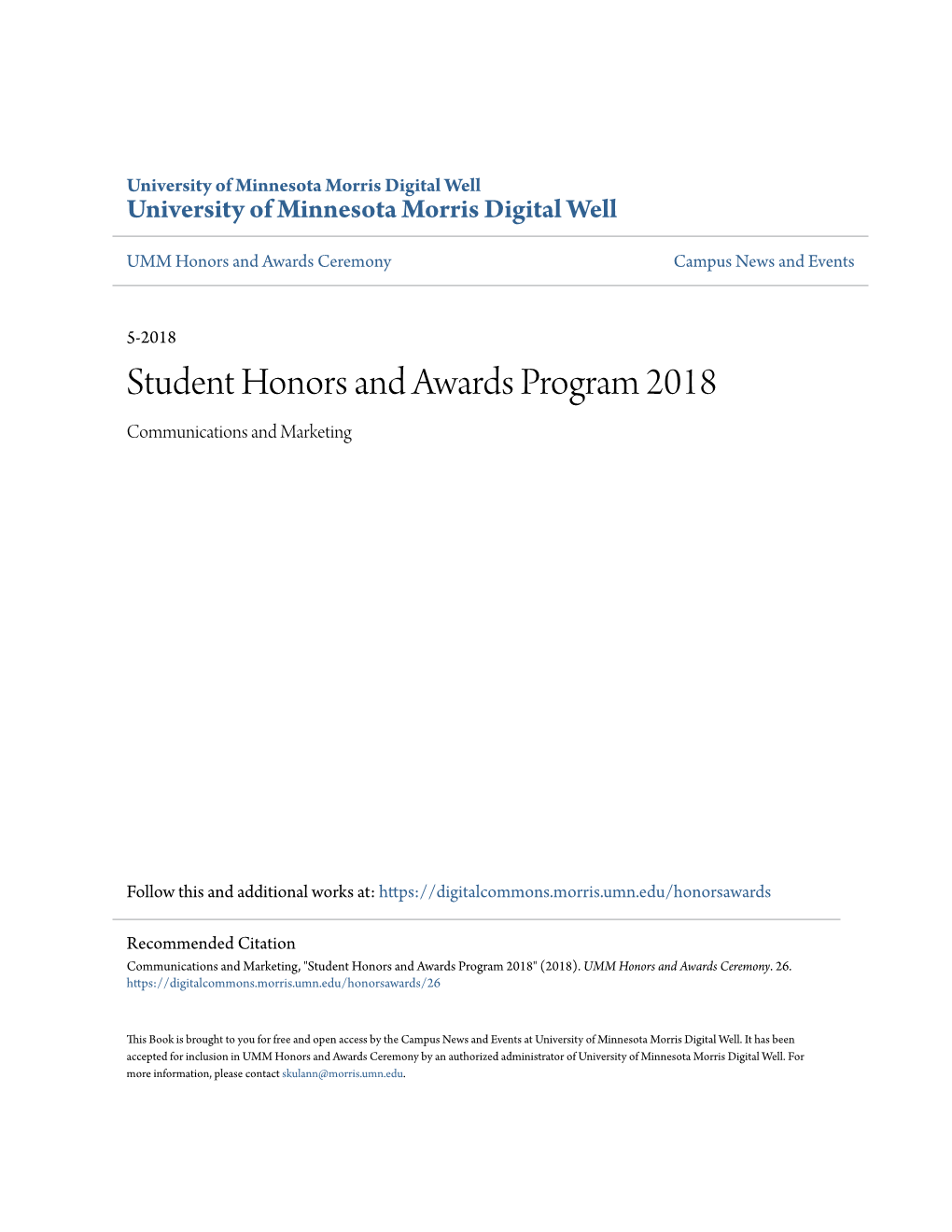 Student Honors and Awards Program 2018 Communications and Marketing