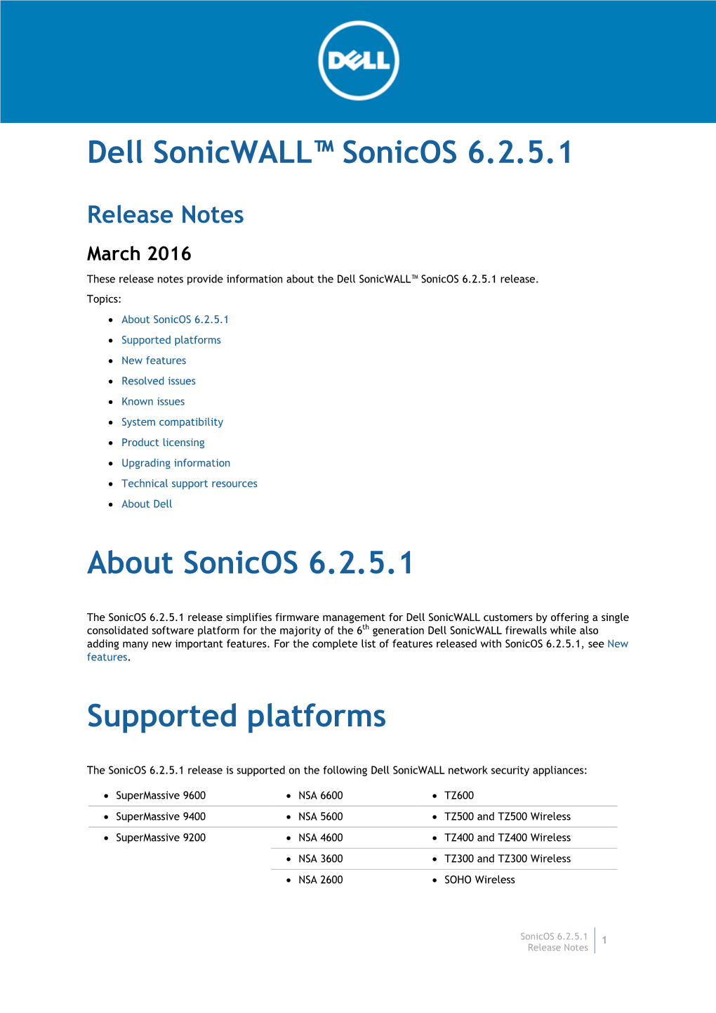 Dell Sonicwall Sonicos 6.2.5.1 Release Notes