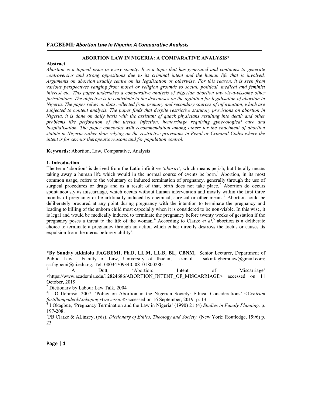 FAGBEMI: Abortion Law in Nigeria: a Comparative Analysis Page