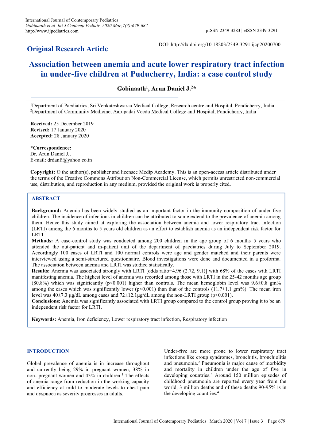 Association Between Anemia and Acute Lower Respiratory Tract Infection in Under-Five Children at Puducherry, India: a Case Control Study