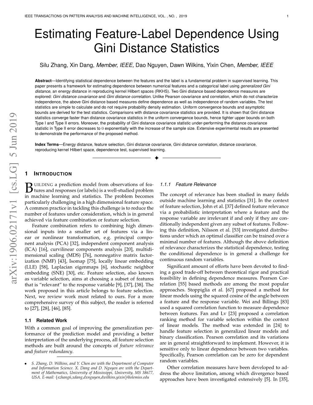 Estimating Feature-Label Dependence Using Gini Distance Statistics