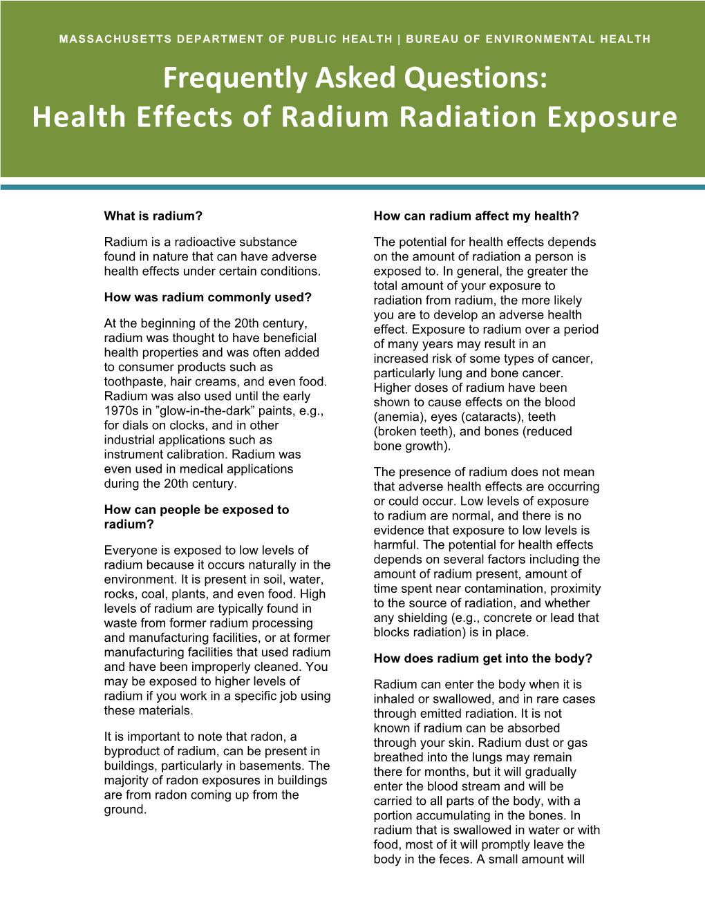 Frequently Asked Questions: Health Effects of Radium Radiation Exposure