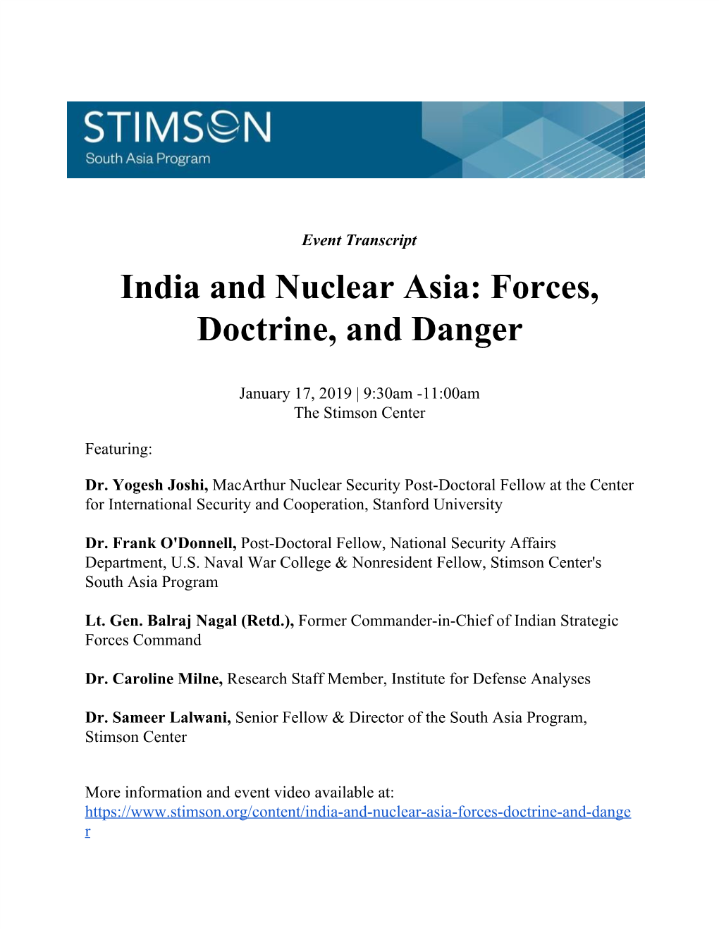 India and Nuclear Asia: Forces, Doctrine, and Danger