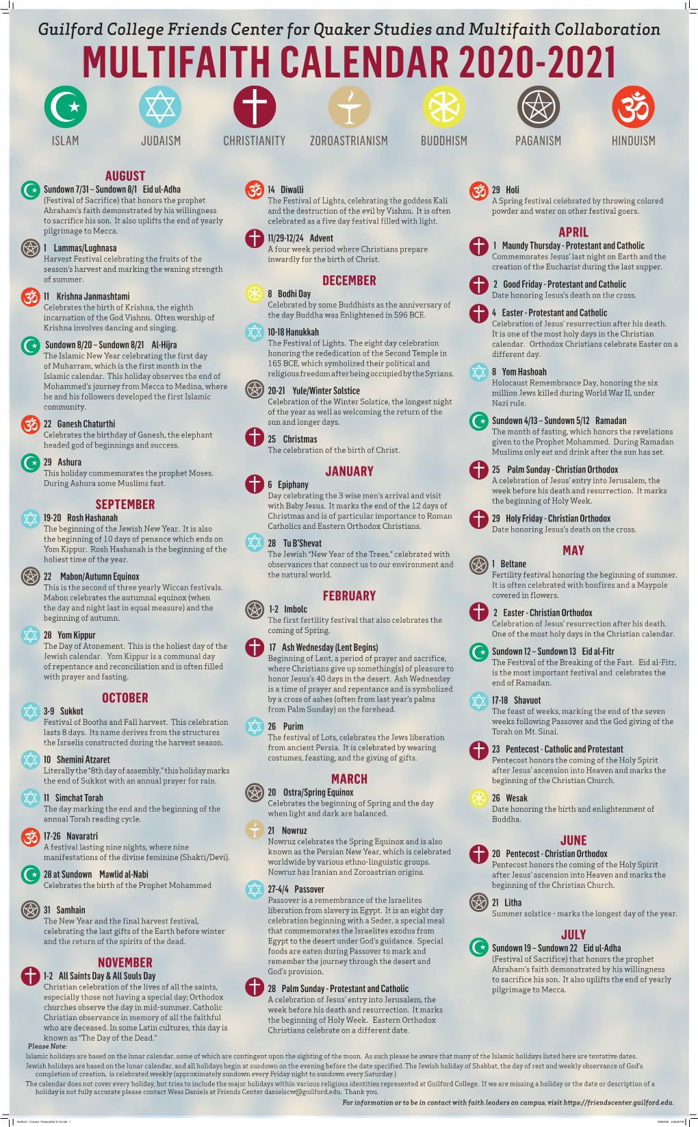 Printable Multifaith Calendar 2020-2021