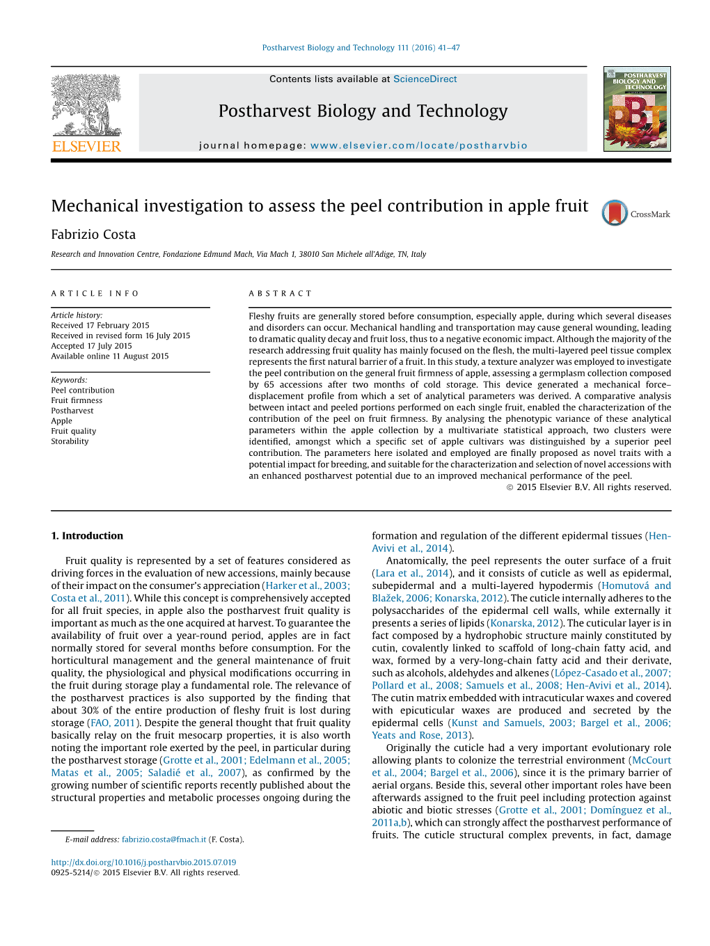 Mechanical Investigation to Assess the Peel Contribution in Apple Fruit