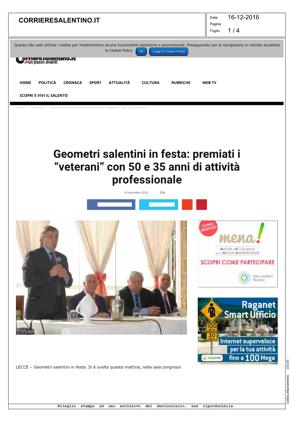 Geometri Salentini in Festa: Premiati I “Veterani” Con 50 E 35 Anni