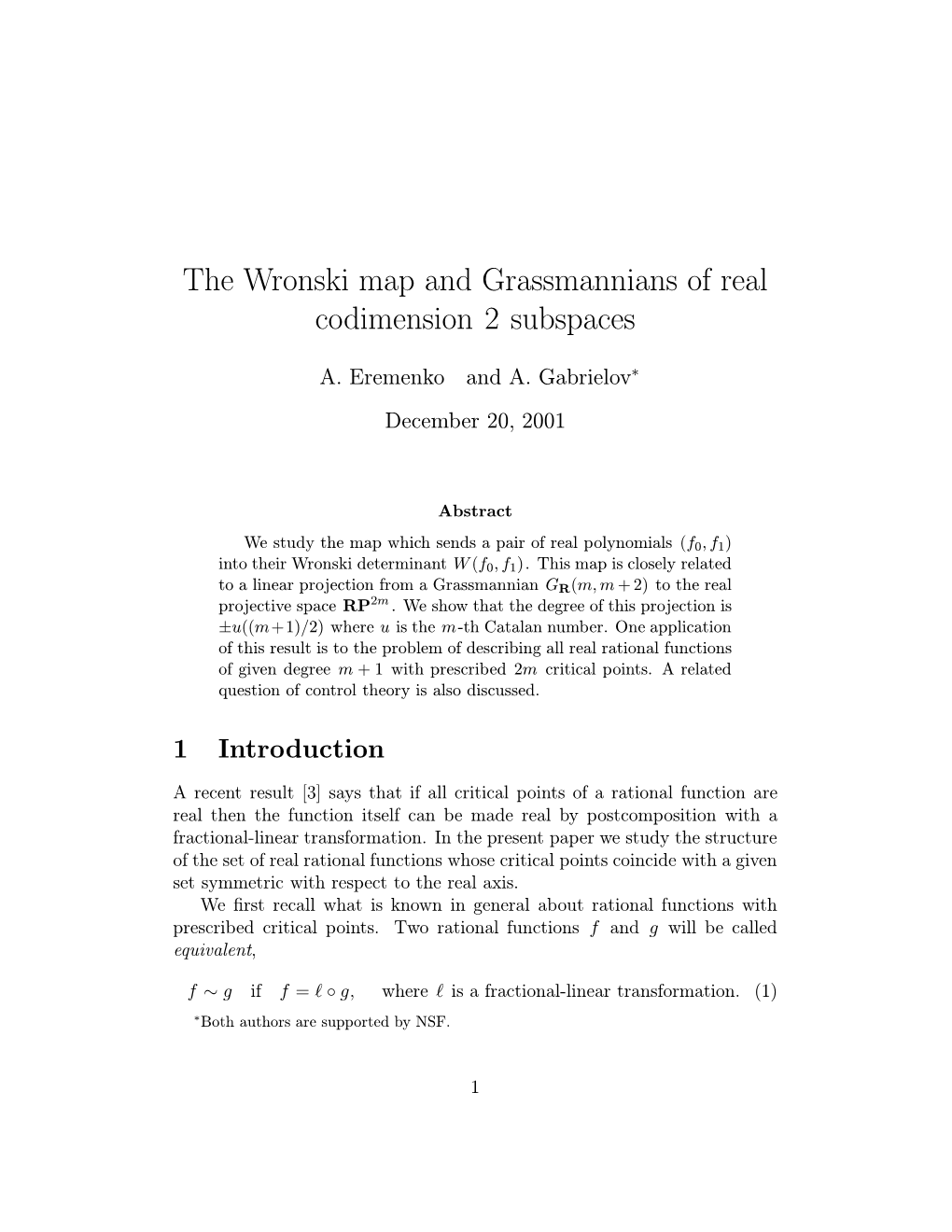 The Wronski Map and Grassmannians of Real Codimension 2 Subspaces