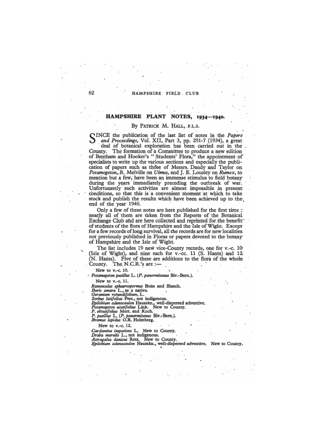 HAMPSHIRE PLANT NOTES, 1934—1940. SINCE the Publication Of