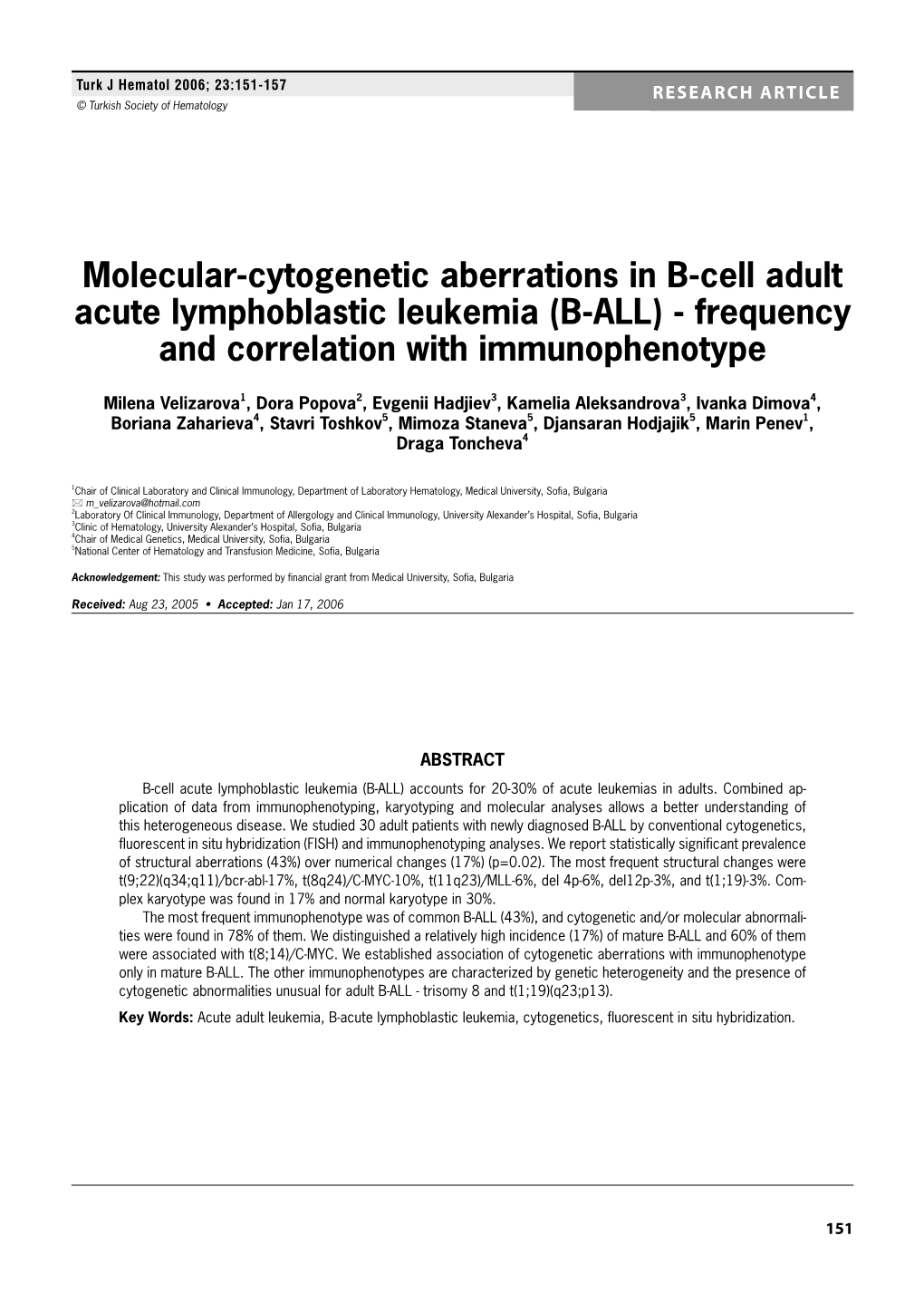 Molecular-Cytogenetic Aberrations in B-Cell Adult Acute Lymphoblastic Leukemia (B-ALL) - Frequency and Correlation with Immunophenotype