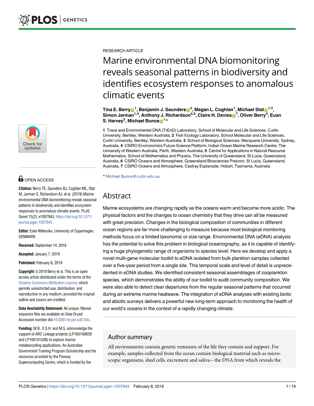 Marine Environmental DNA Biomonitoring Reveals Seasonal Patterns in Biodiversity and Identifies Ecosystem Responses to Anomalous Climatic Events