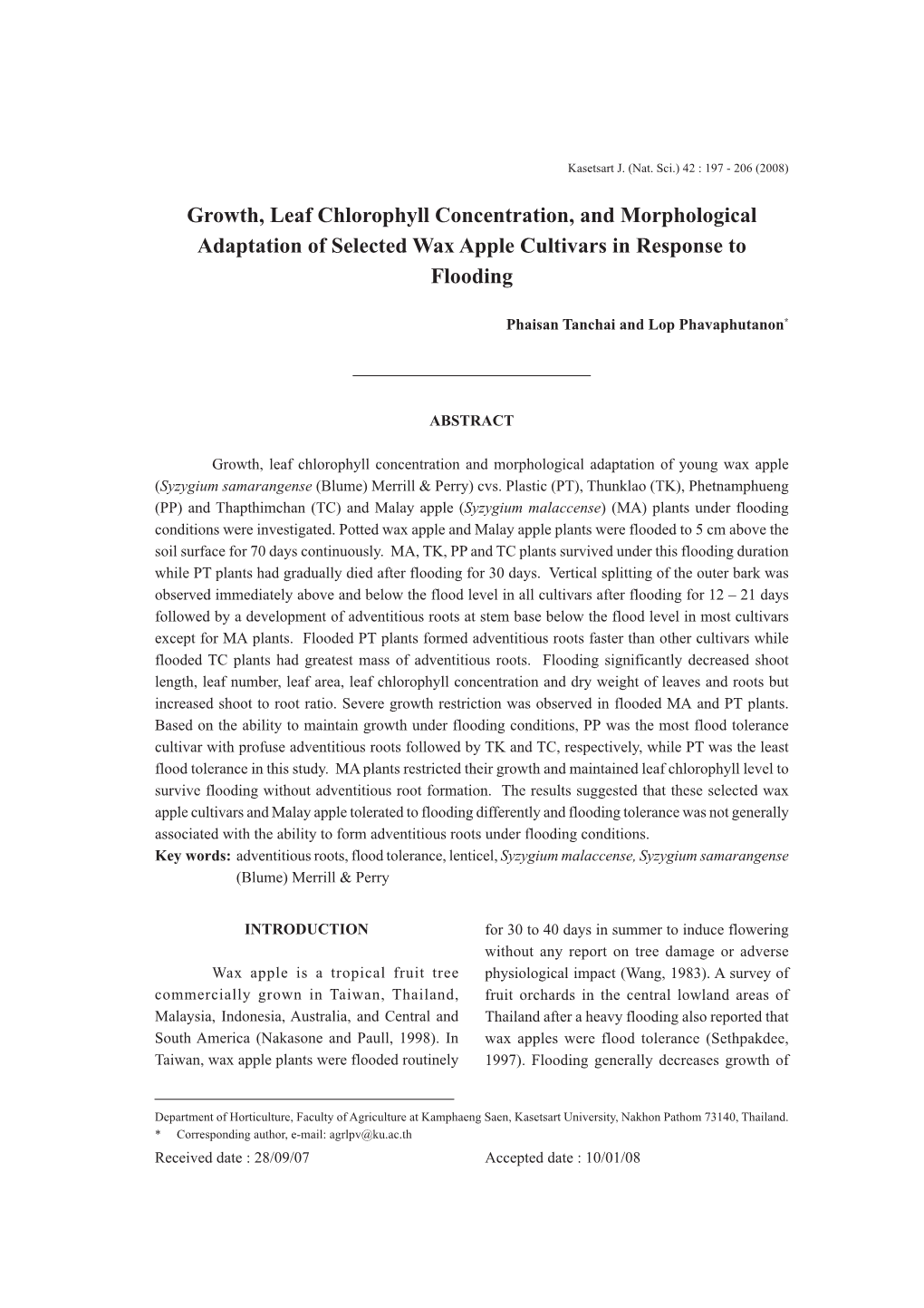 Growth, Leaf Chlorophyll Concentration, and Morphological Adaptation of Selected Wax Apple Cultivars in Response to Flooding