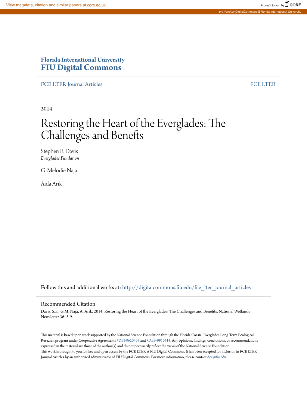 Restoring the Heart of the Everglades: the Challenges and Benefts Stephen E