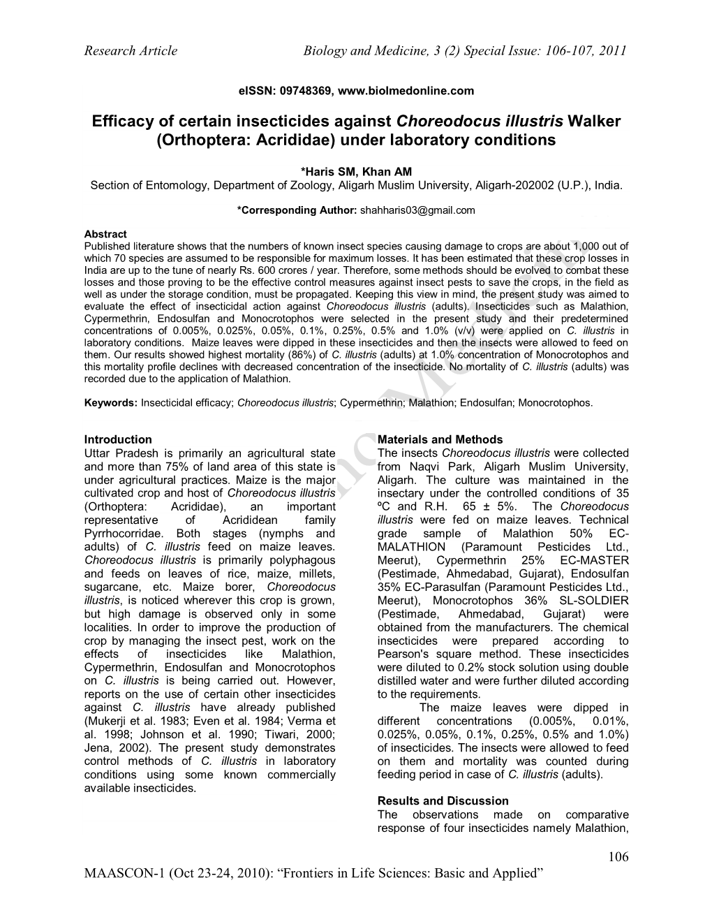 Efficacy of Certain Insecticides Against Choroedocus Illustris (Acrididae