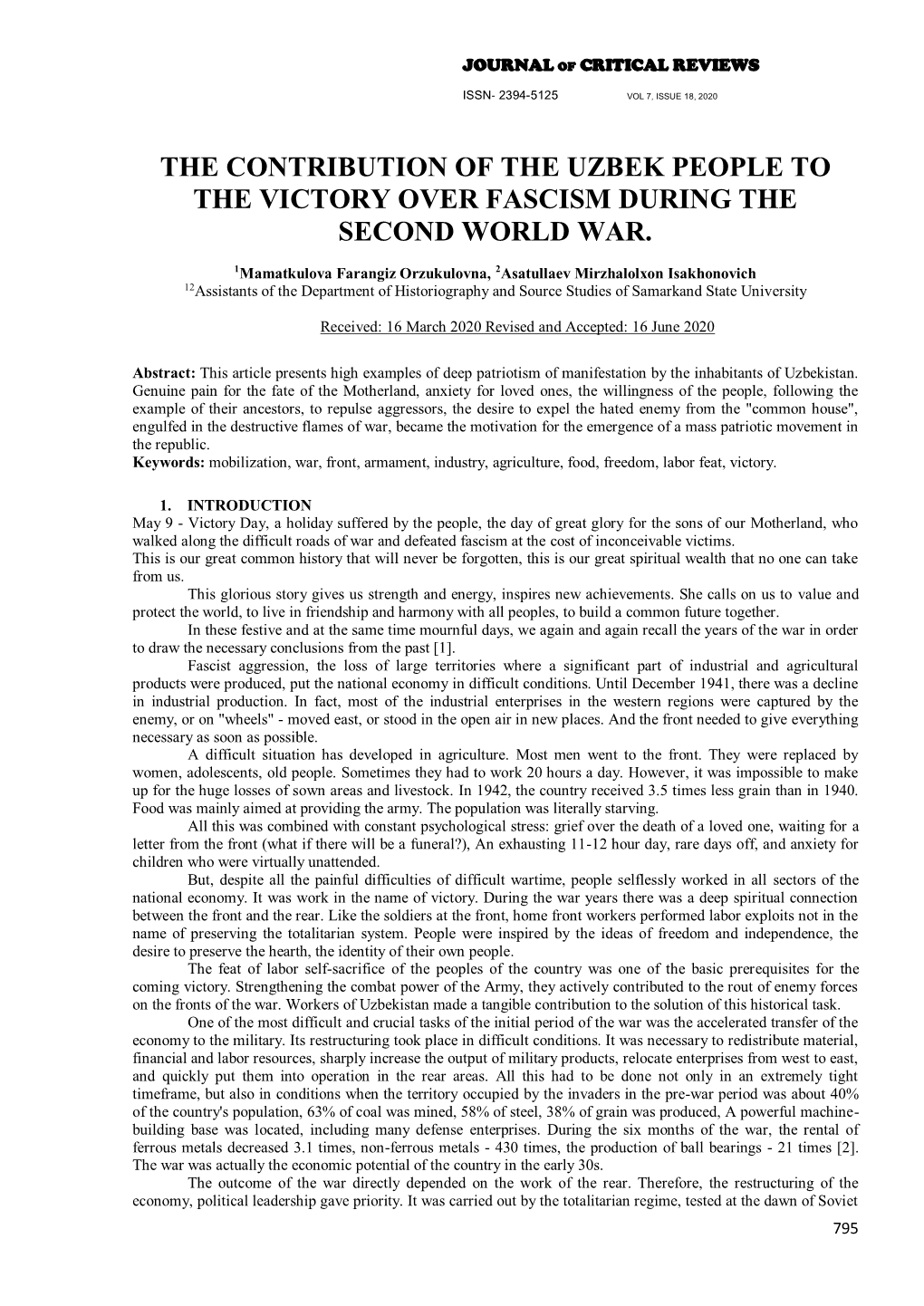 The Contribution of the Uzbek People to the Victory Over Fascism During the Second World War