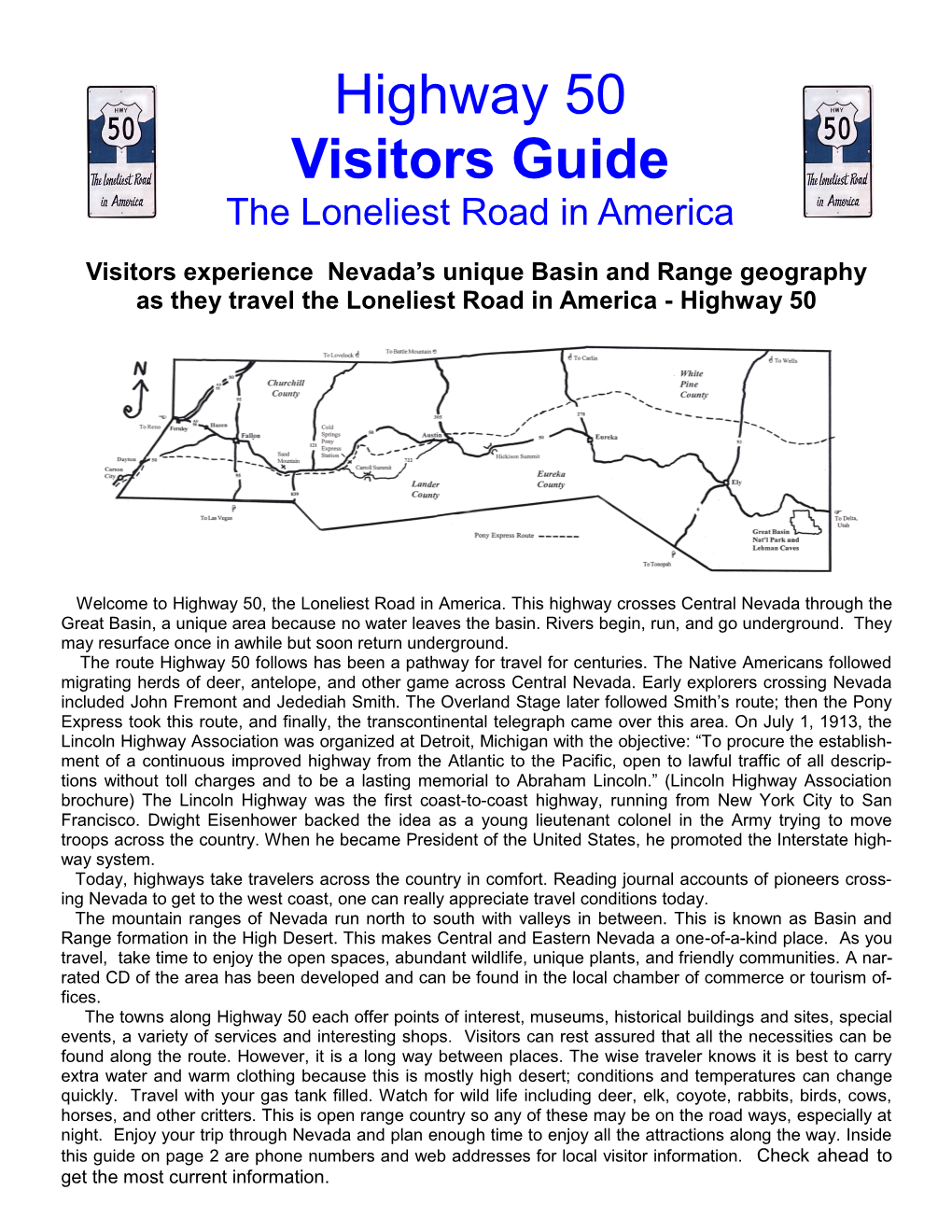 Highway 50 Visitors Guide the Loneliest Road in America