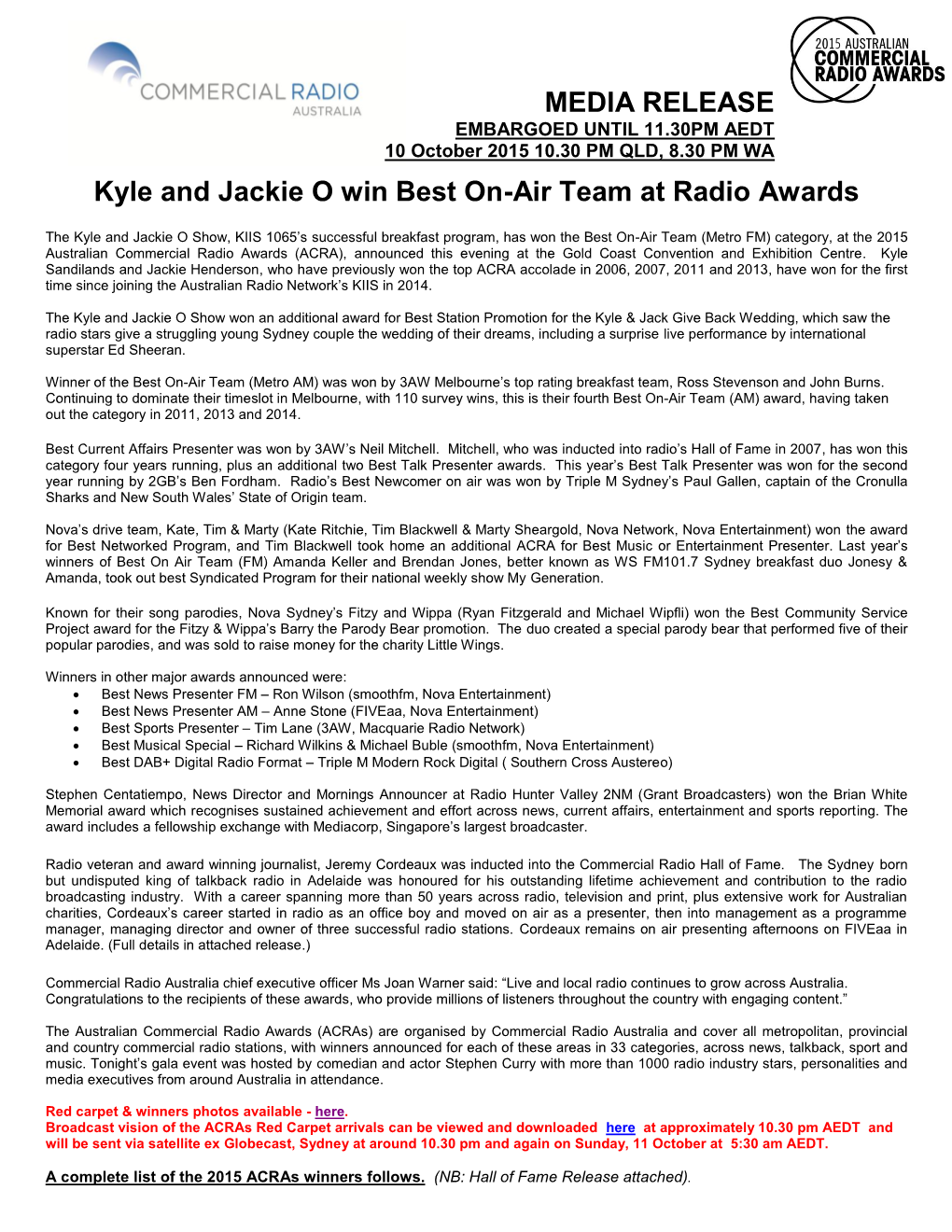 Kyle and Jackie O Win Best On-Air Team at Radio Awards