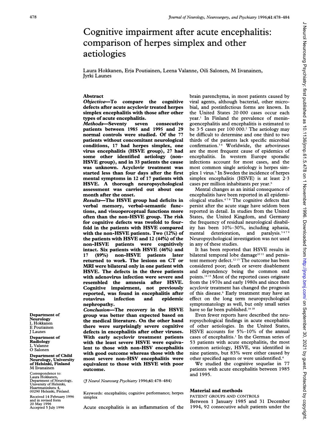 Cognitive Impairment After Acute Encephalitis: Comparison of Herpes Simplex and Other Aetiologies