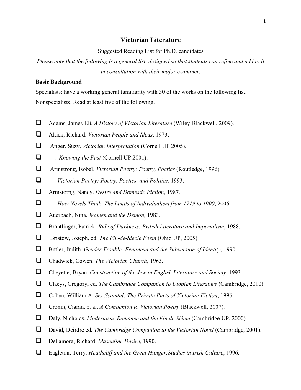 Victorian Literature Suggested Reading List for Ph.D